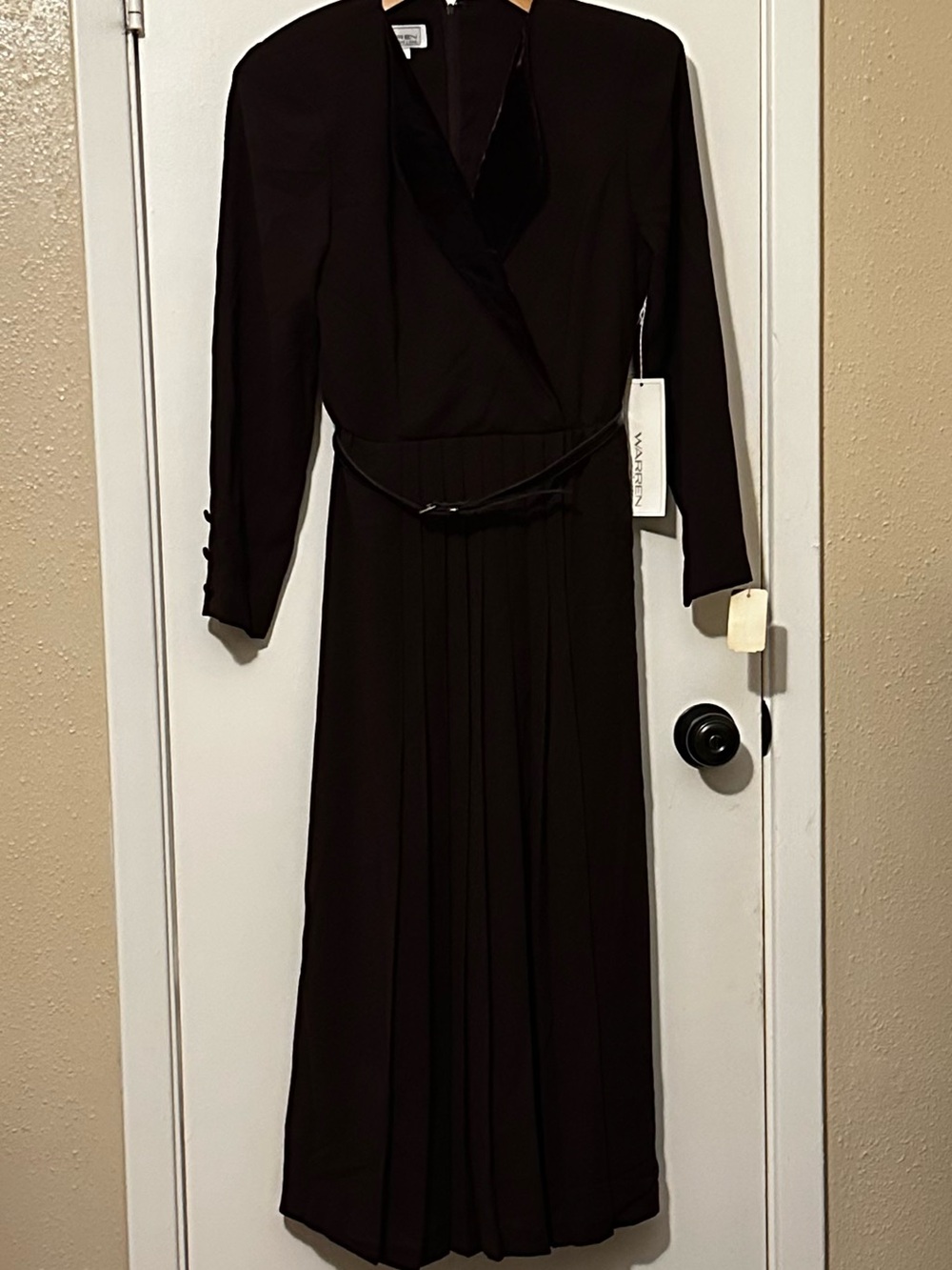 VTG Warren Petites Plum Purple Pleated Midi Dress Velvet Collar Belt Size 6